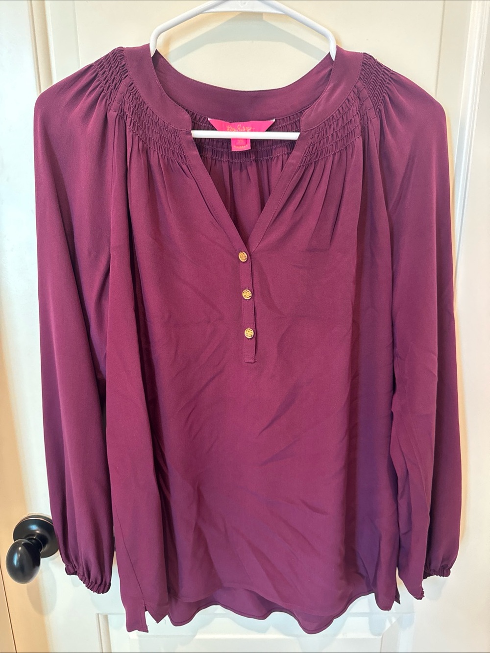 Lilly Pulitzer Women’s XS Purple 100% Silk Smocked Long Sleeve Blouse Top